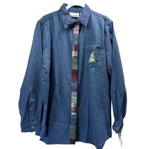 Casey & Max Women's Top Blouse Large Denim Christmas Tree‎ Plaid Button Up Holly